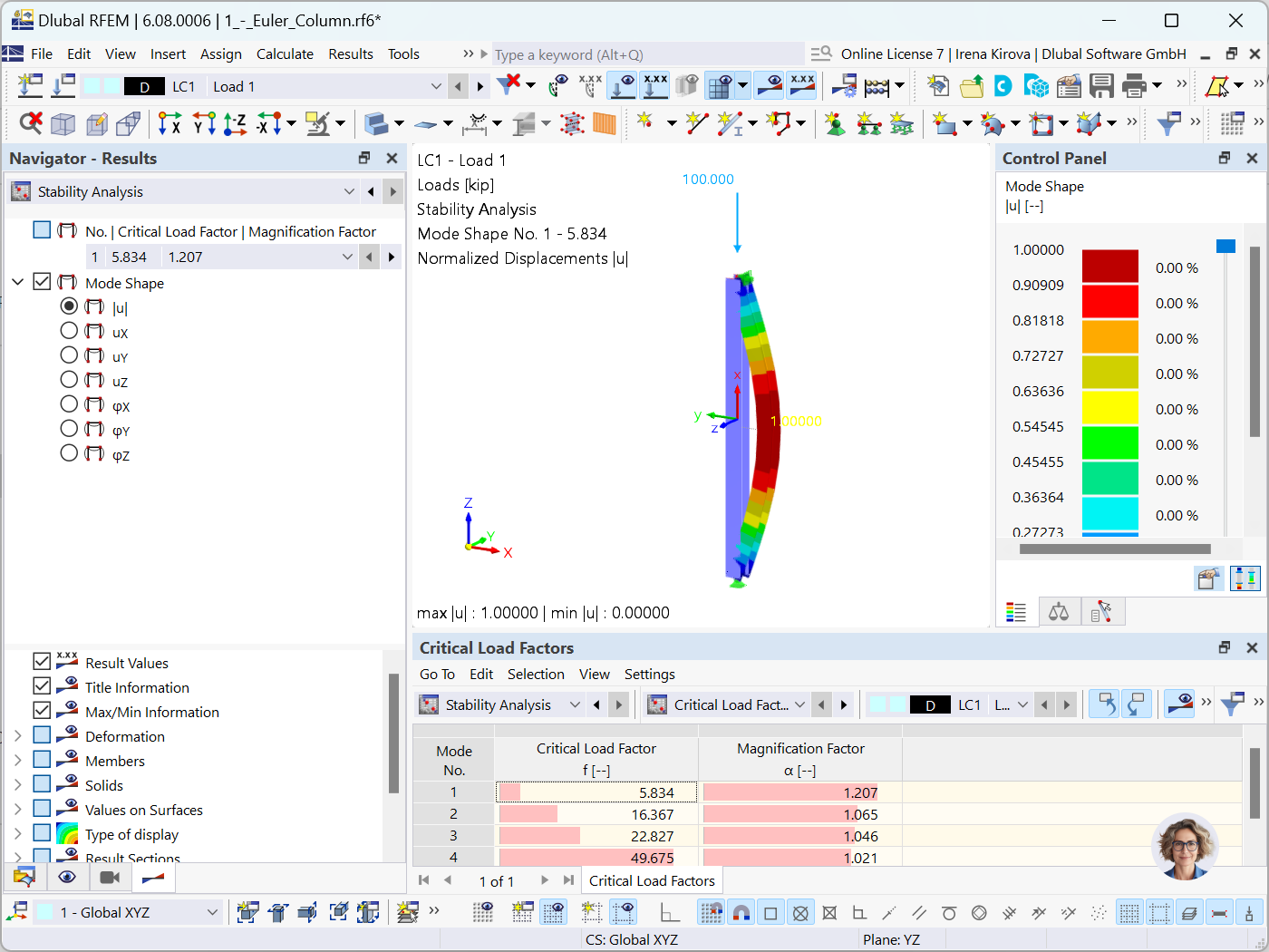 Modèle d’analyse de flambement par flexion dans un logiciel de calcul de structure.