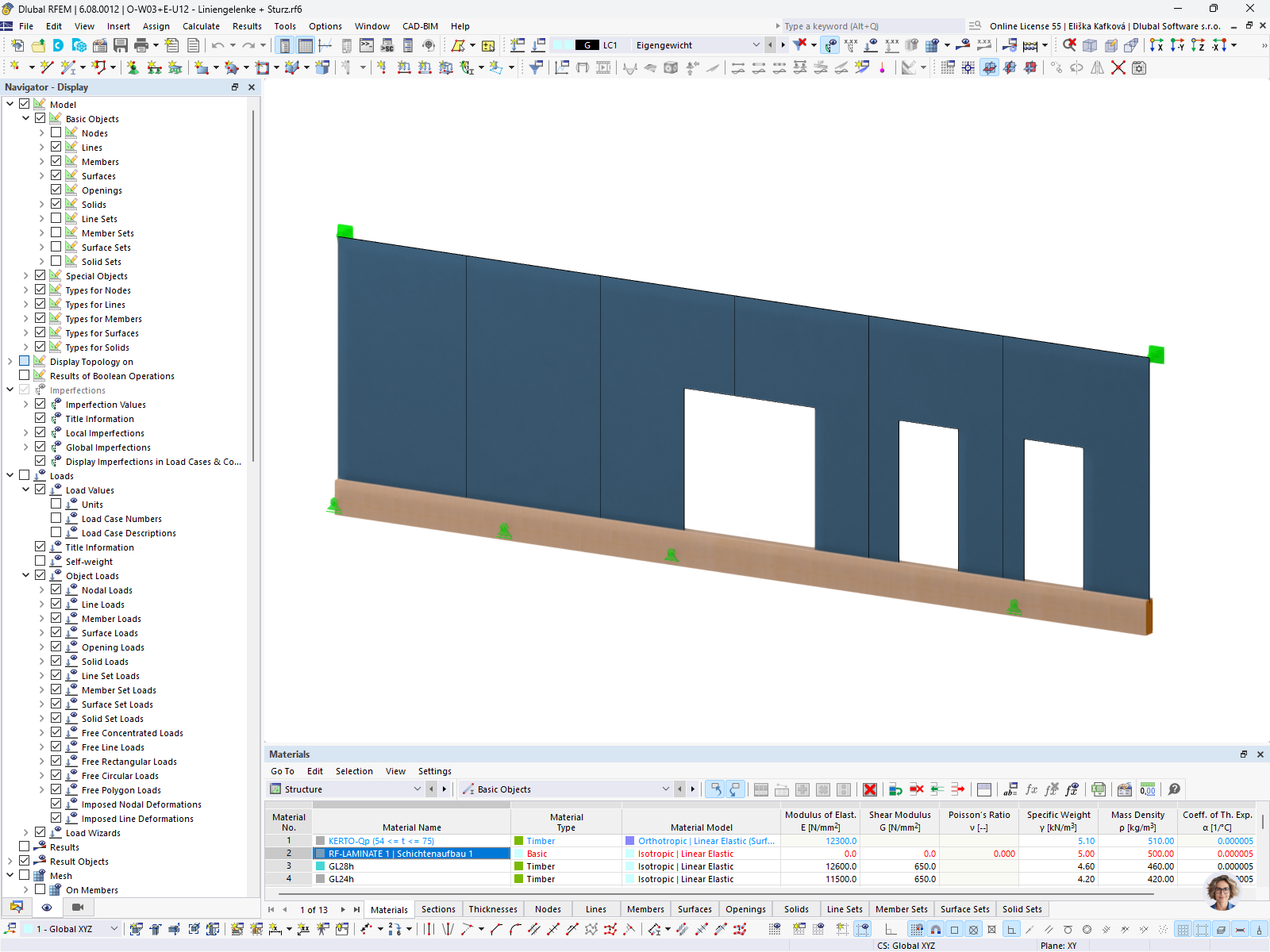 Le modèle montre un panneau de mur en bois lamellé-croisé dans RFEM