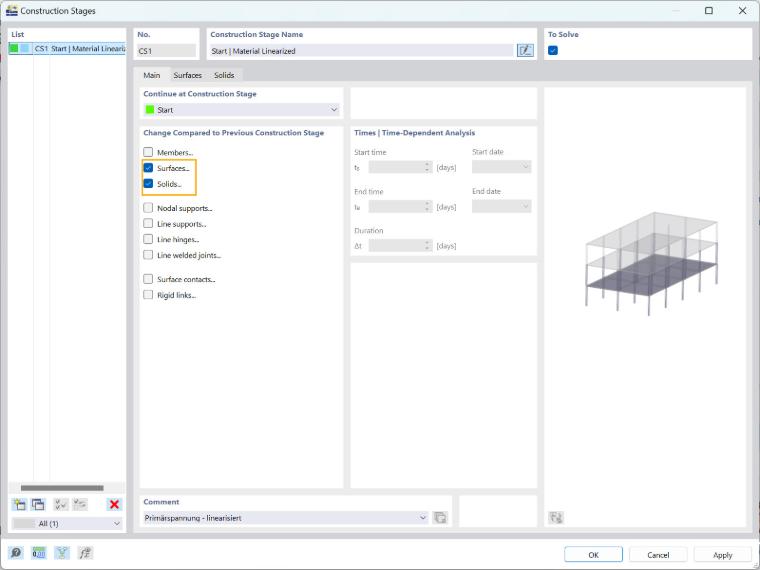 Interface RFEM 6 montrant la sélection d’objets pour les modifications de phase de construction