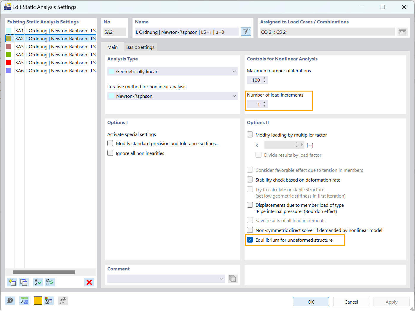 Interface RFEM 6 des paramètres pour l’analyse statique des phases de construction