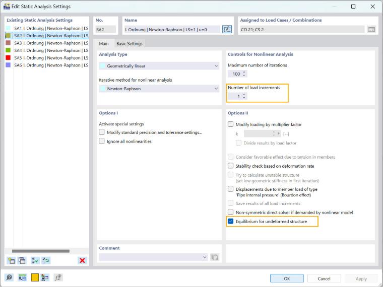 Interface RFEM 6 des paramètres pour l’analyse statique des phases de construction