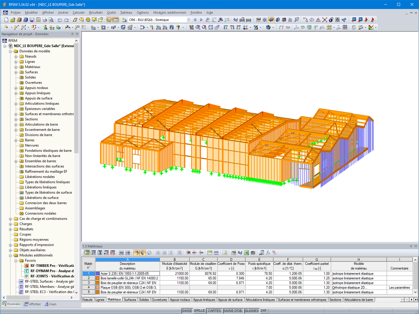 Modèle d'une salle polyvalente en bois dans RFEM 5 illustrant la rénovation et extension du bâtiment scolaire.