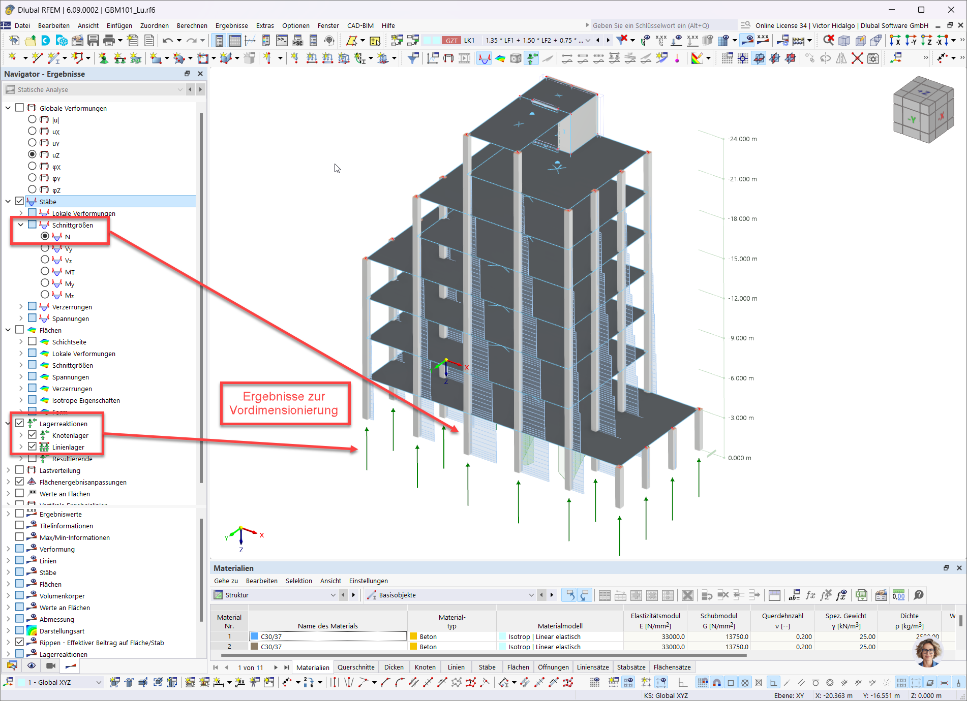 L’image montre le prédimensionnement d’un bâtiment avec une liaison nodale de type diaphragme dans RFEM 6.