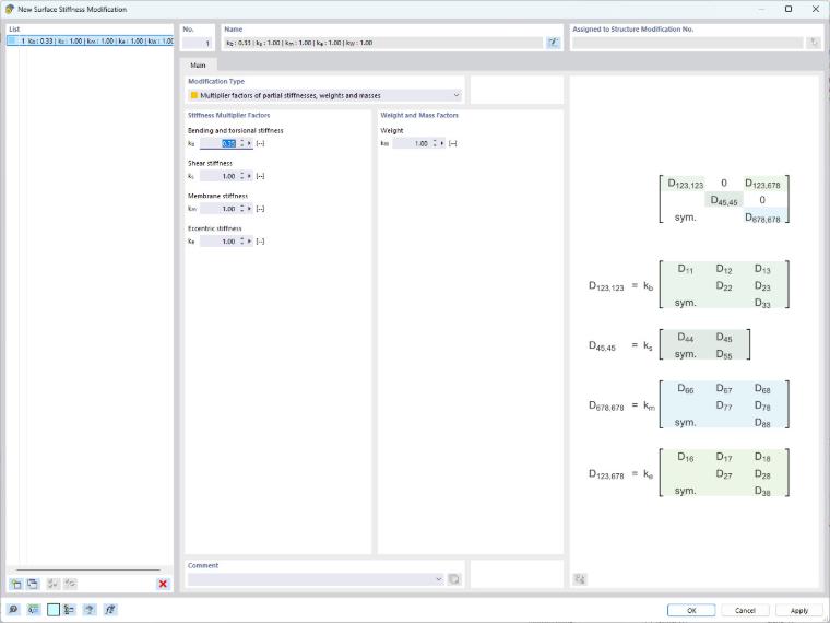 Fenêtre RFEM 6 pour modifier la rigidité de surface avec les multiplicateurs de matrice