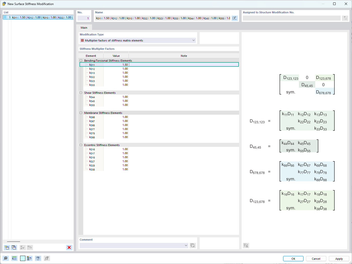 Interface de RFEM 6 affichant les paramètres de modification de la rigidité spécifique aux éléments