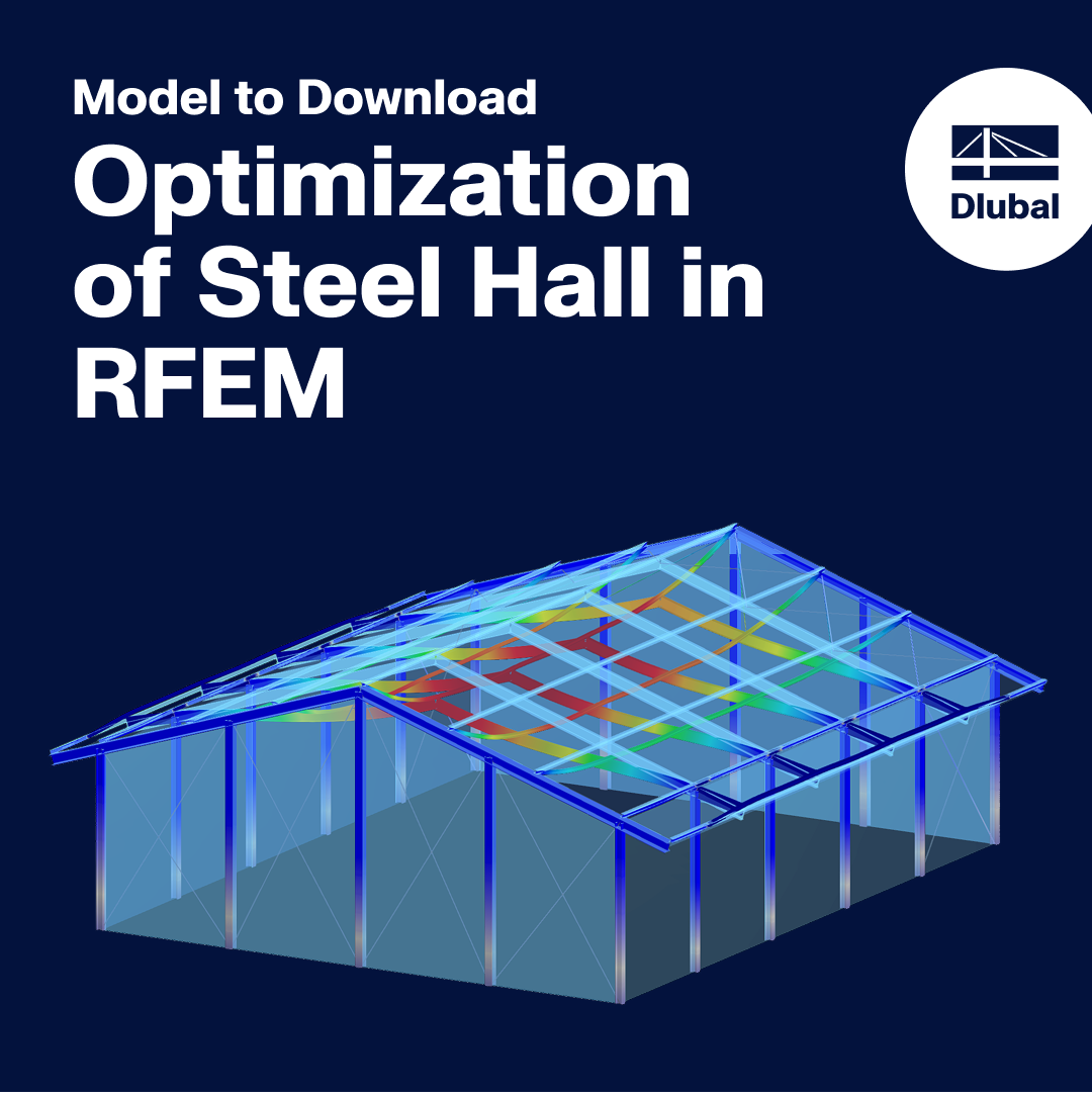 Simulation d’optimisation d’un hall en acier affichant les résultats de l’analyse des éléments finis dans RFEM