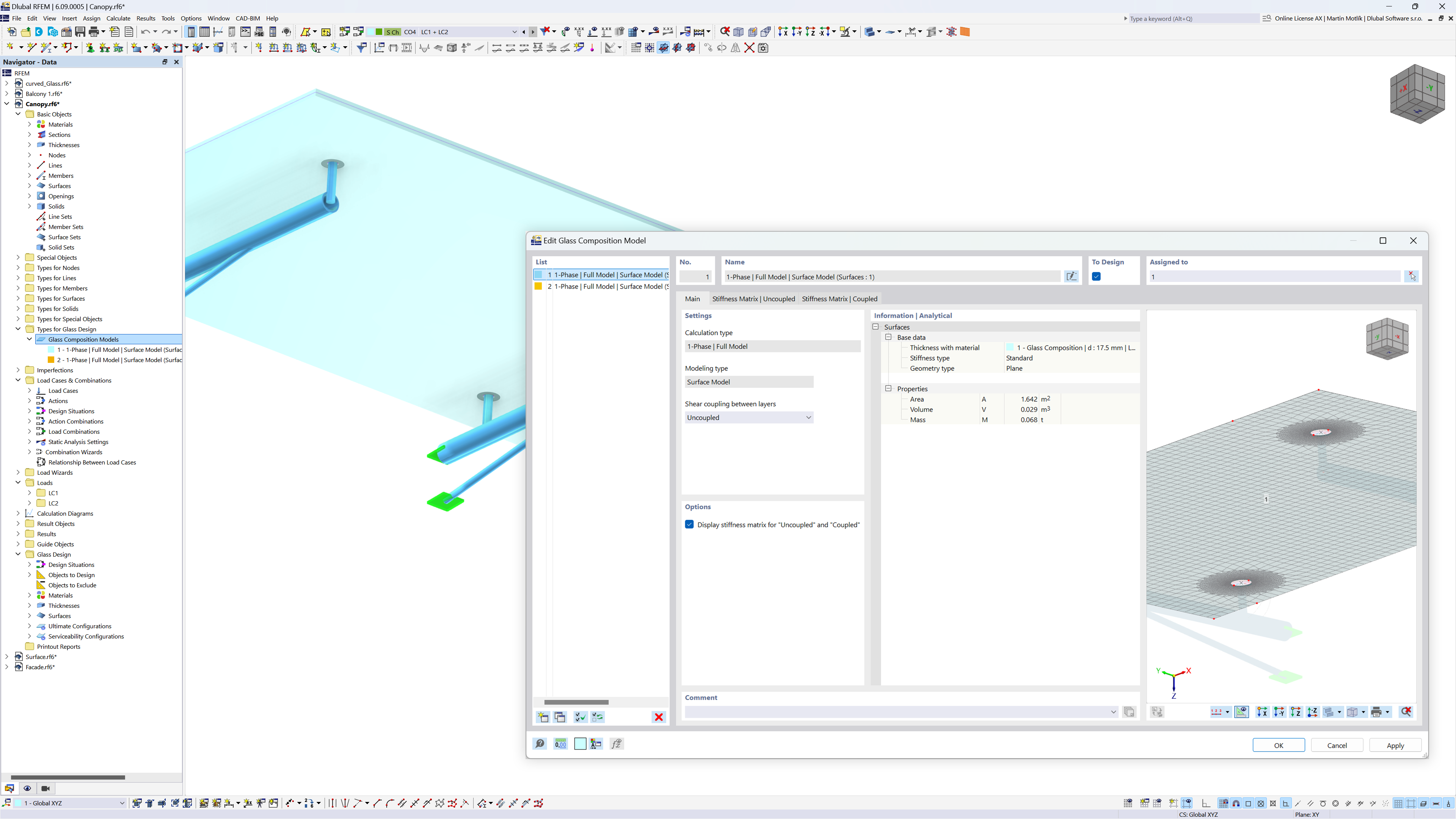 Interface de boîte de dialogue affichant un modèle de composition de verre avec appuis ponctuels dans l’extension RFEM 6