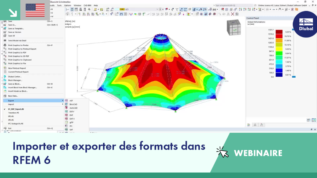 Image du webinaire présentant les fonctionnalités d'import-export de RFEM 6 avec une vue d'ensemble de l'interface technique.