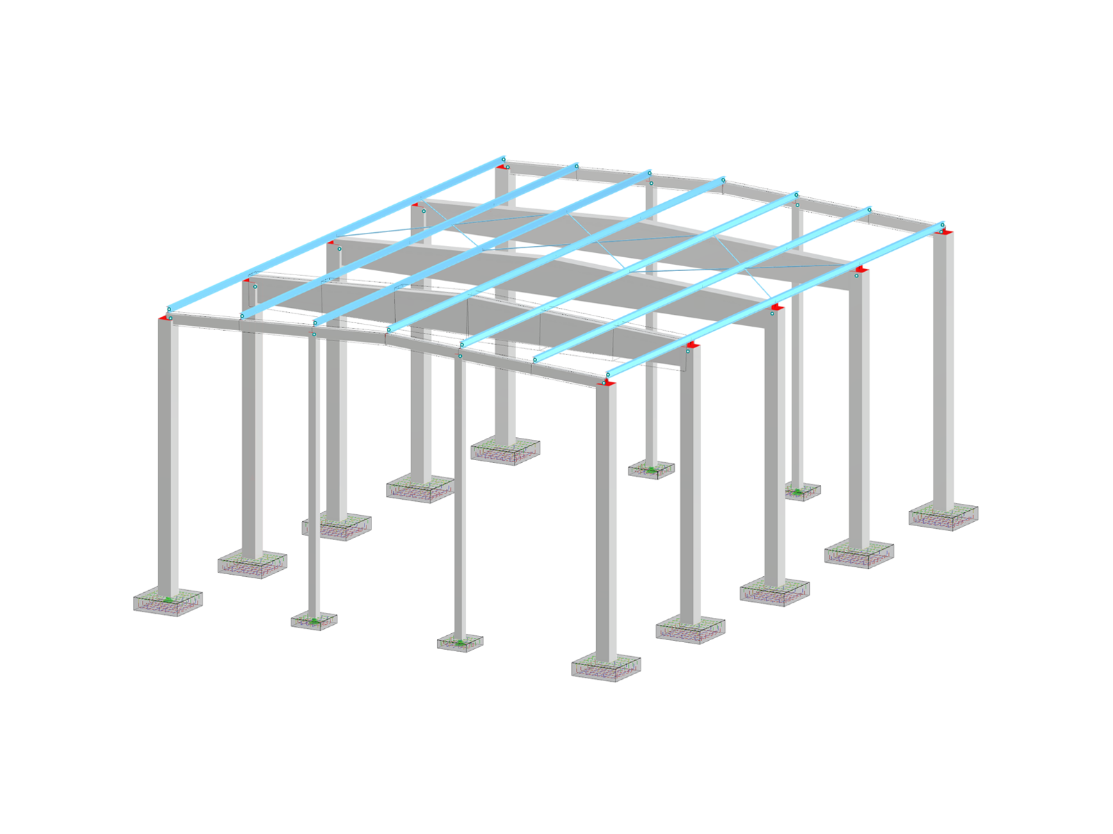 Halle en béton avec semelles isolées en béton armé et disposition détaillée des armatures pour un transfert de charge optimal.