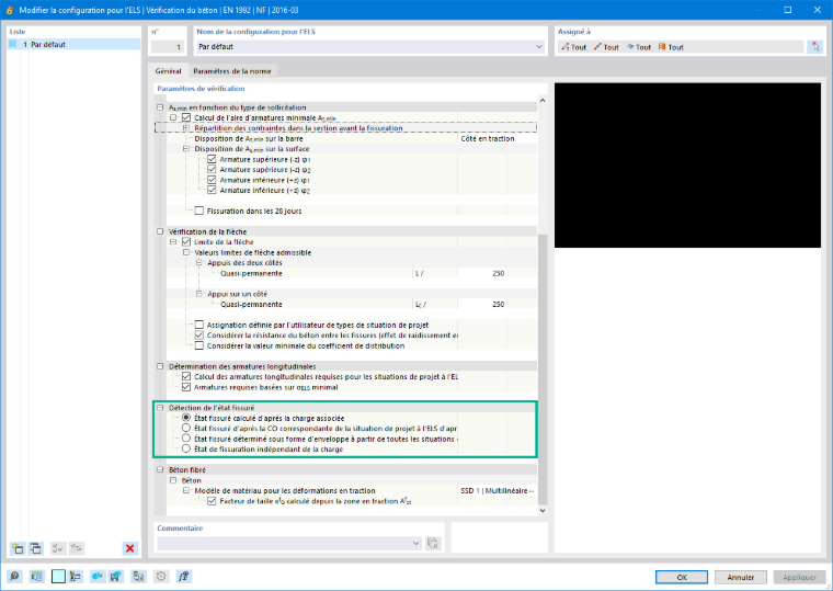 Interface d’affichage des paramètres de la configuration pour la détection de l’état des fissures avec des paramètres techniques.