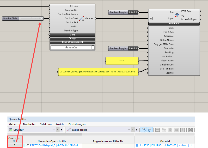 L’image montre une référence au numéro de section depuis le modèle RFEM et une représentation RSECTION dans Grasshopper.