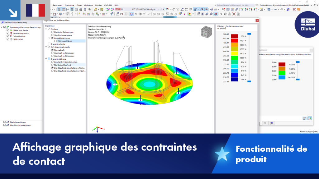 Représentation des contraintes de contact dans une structure, affichée de manière détaillée avec des nuances de couleurs.