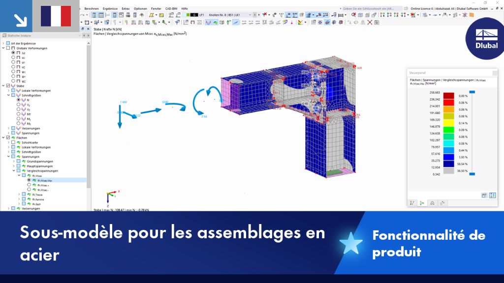 Représentation d'un sous-modèle avec des assemblages en acier, y compris des poutres et des détails d'assemblage, pour l'analyse structurale.