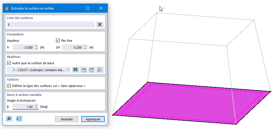 Extruder une surface en solide dans un logiciel de CAO pour visualiser la géométrie.