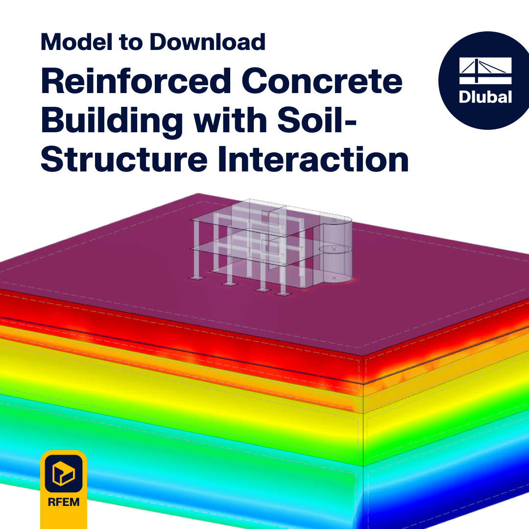 Visualisation 3D d’un modèle de bâtiment en béton armé, y compris les composants d’interaction sol-structure et les éléments d’armature.