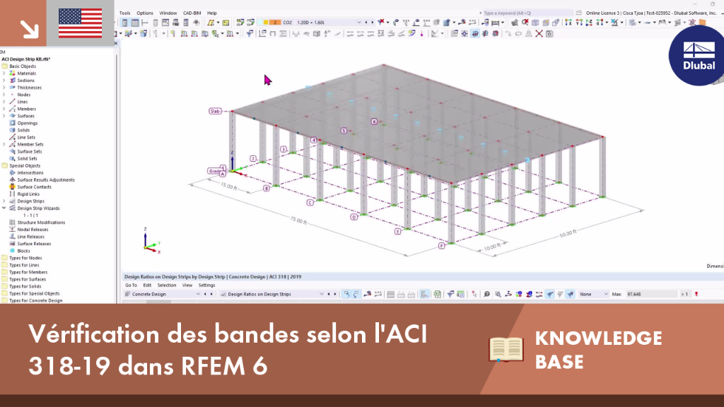 Bandes de calcul configurées selon l’ACI 318-19 montrant la distribution des contraintes dans RFEM 6 avec un dégradé de couleurs