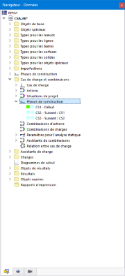 Volet de navigation avec la sélection « Cas de charge et combinaisons ». Vue d’ensemble claire des valeurs d’entrée structurelles dans le génie civil.