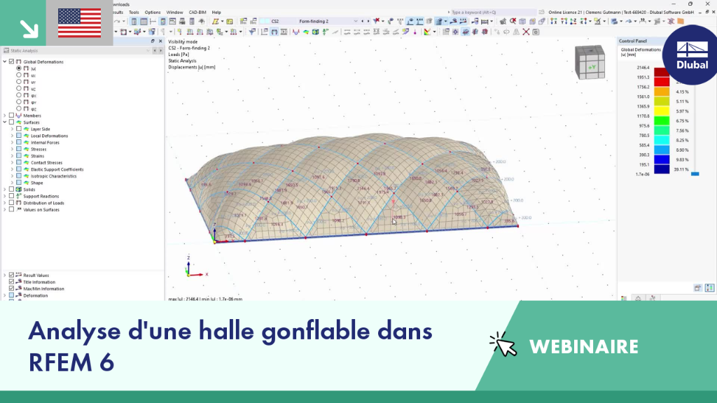 Analyse structurale d’une halle gonflable lors du webinaire en utilisant les fonctionnalités de RFEM 6 pour la modélisation et l’évaluation des charges.