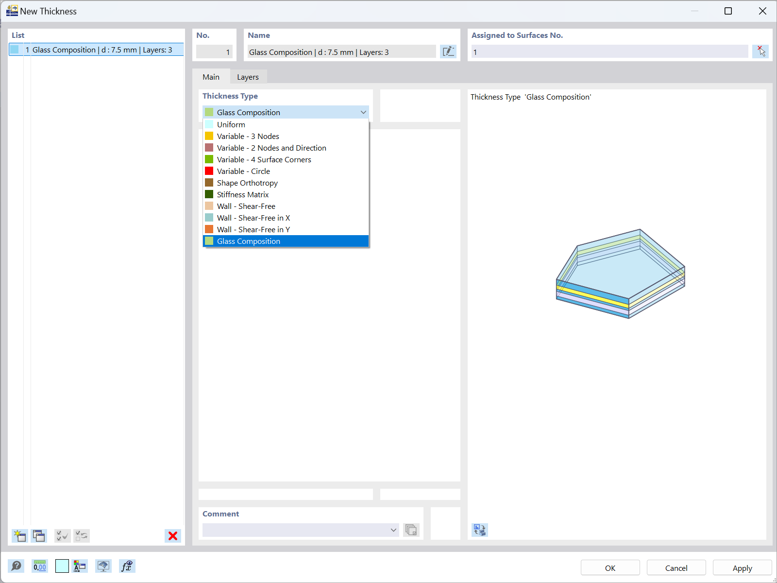 Démonstration de la sélection de la composition du verre comme type d’épaisseur dans l’interface du logiciel RFEM 6.