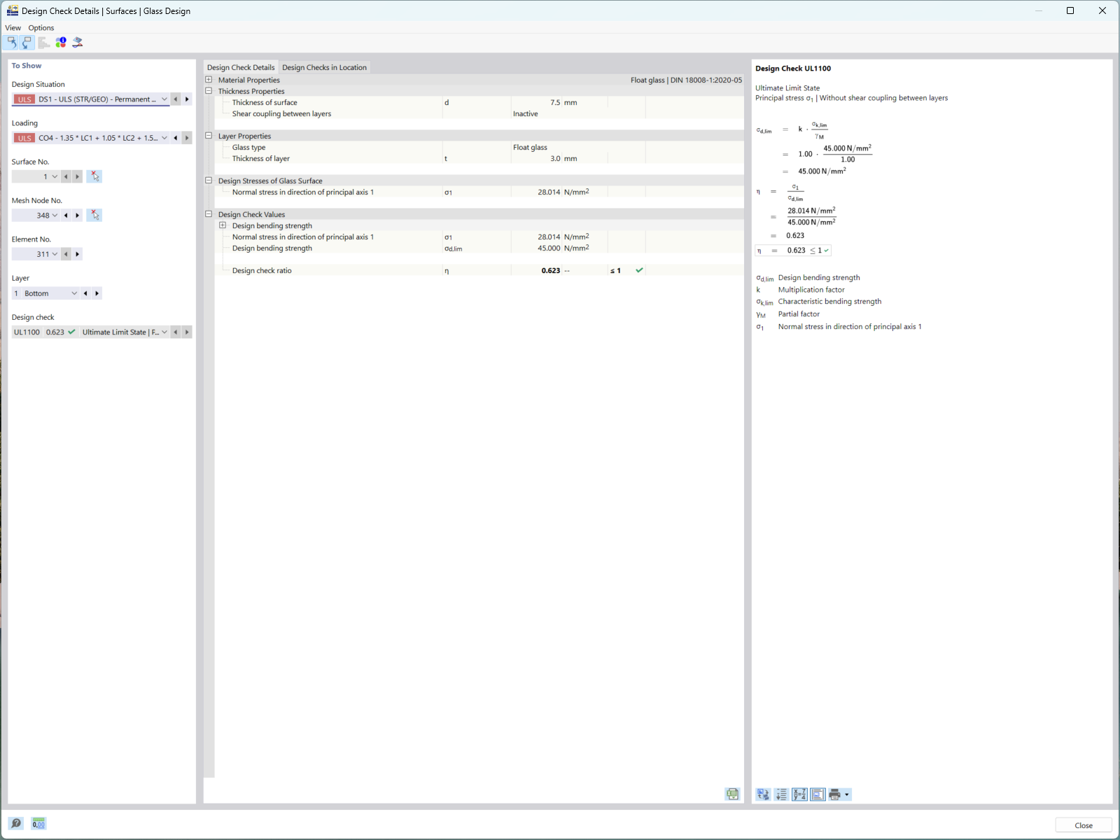 Interface RFEM 6 affichant des options détaillées de vérification pour les éléments structurels.