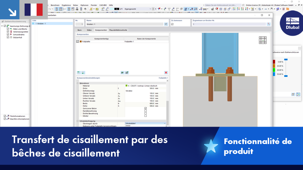 Visualisation de la transmission des efforts tranchants à l’aide de goujons dans une structure.