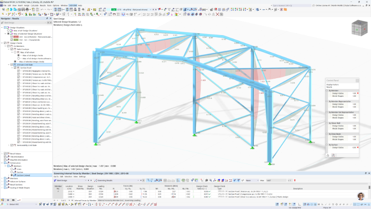 Modèle de segment de halle en acier illustrant l’analyse des charges et les éléments de vérification tels que la toiture, les murs et contreventement dans RFEM 6.