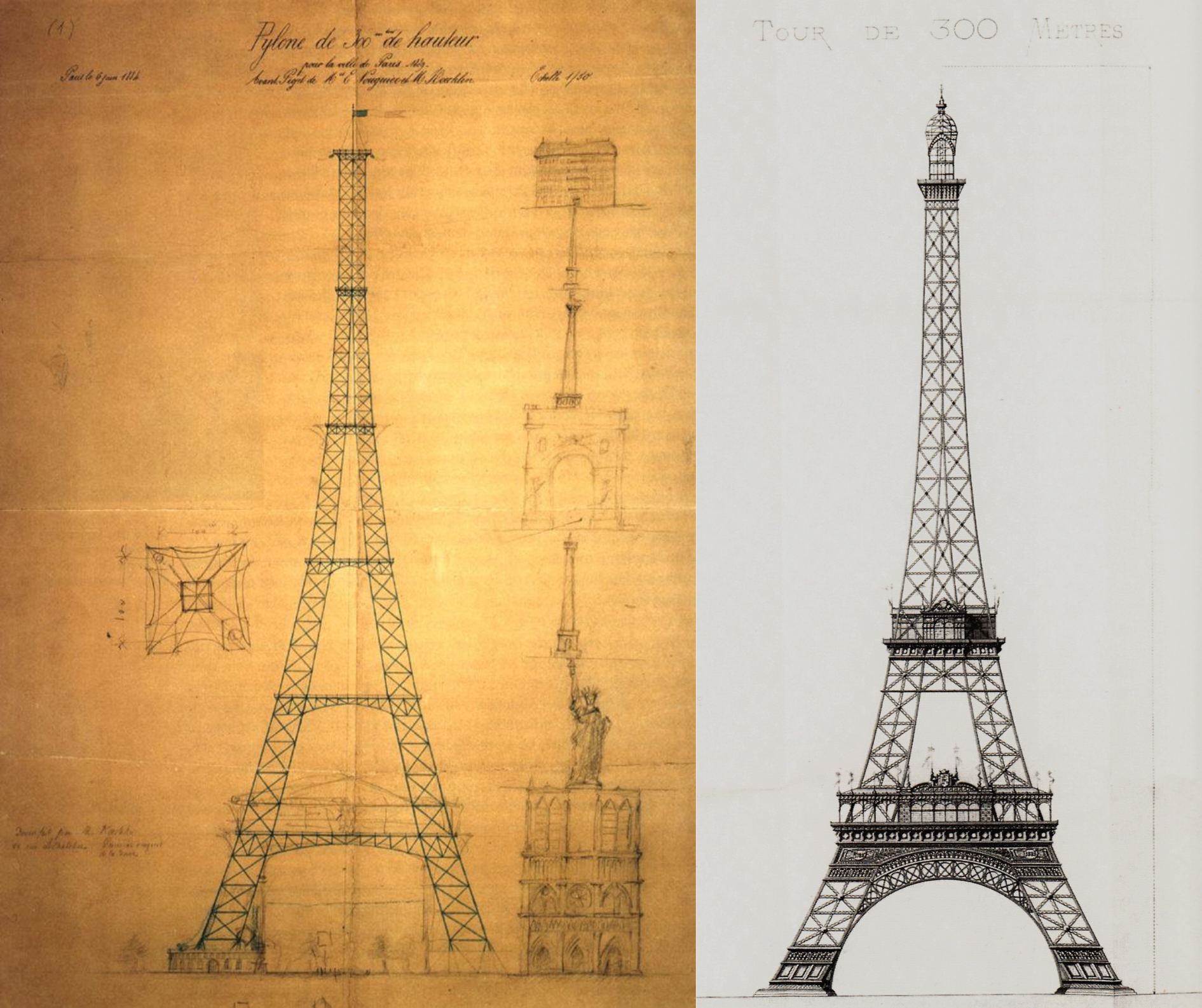 Comparaison des plans initial et final de la Tour Eiffel par les ingénieurs et les architectes
