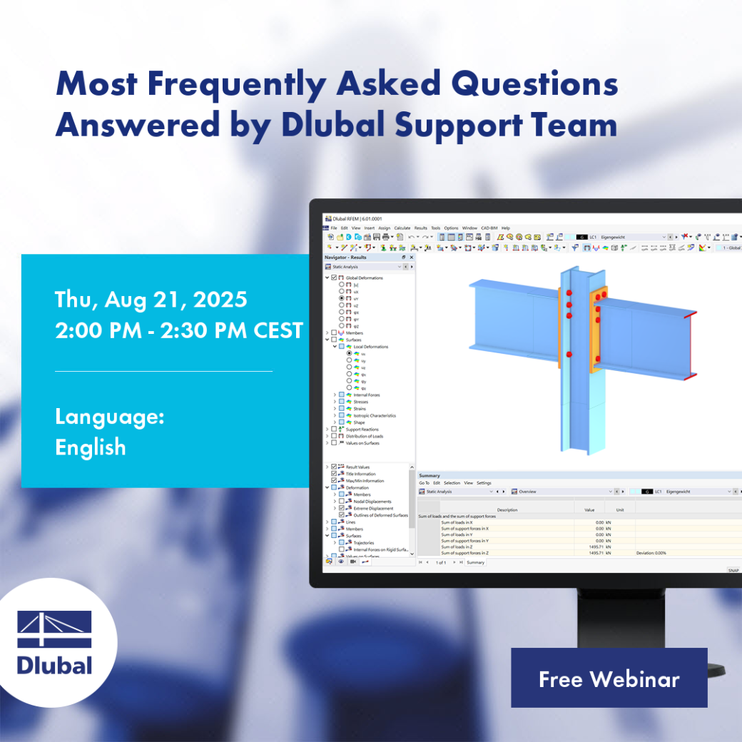 Screenshot from a Dlubal webinar answering frequently asked questions, showing a summary of key topics and answers discussed.