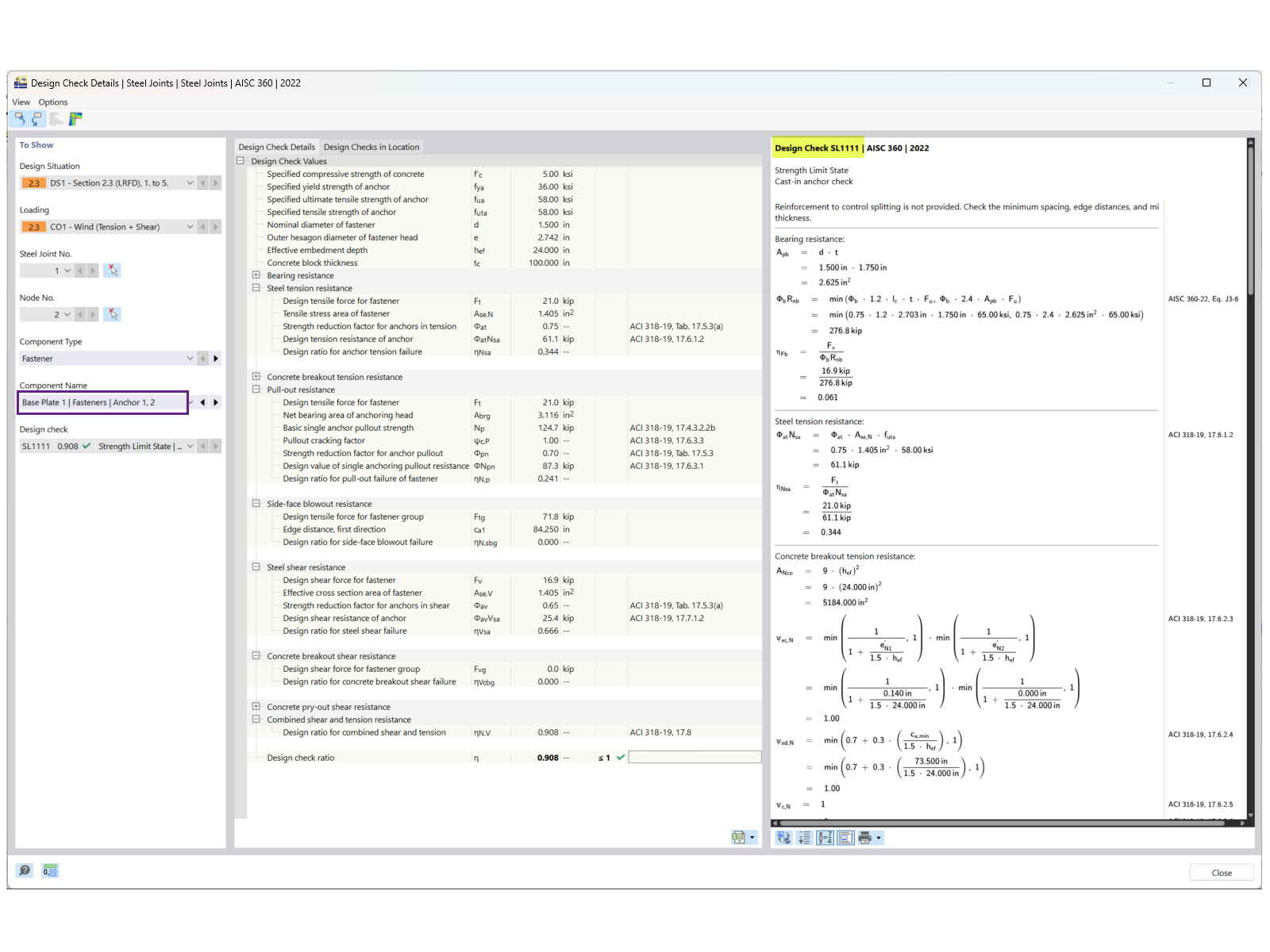 Analyse détaillée des vérifications de calcul d’ancrage en traction et en cisaillement dans RFEM 6, basé sur les normes de connexion de base AISC.