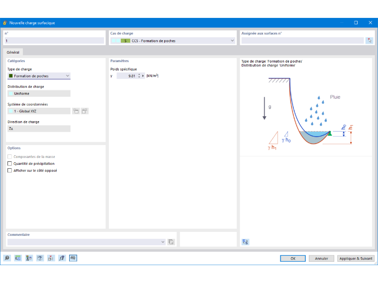 La boîte de dialogue de définition des charges de formation de poches  dans RFEM 6 permet aux ingénieurs de spécifier et ajuster les scénarios de formation de poches dans leurs modèles de calcul de structure.