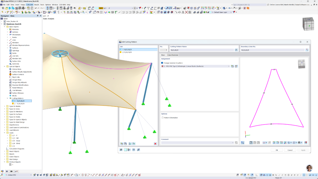 Interface RFEM 6 affichant le détail des découpes de structures de membrane dans une boîte de dialogue