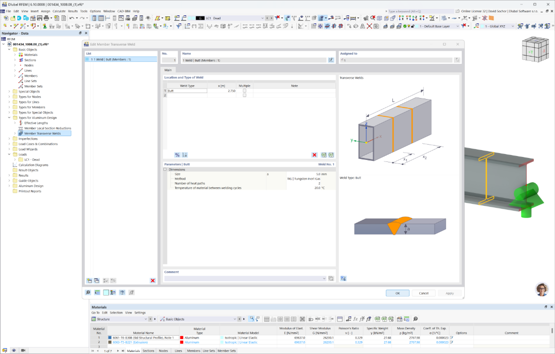 Boîte de dialogue affichant la modification d’une soudure transversale dans RFEM 6 avec des options pour la vérification de l'aluminium selon les normes EN 1999-1-1.
