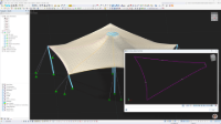 Structure membranaire affichée avec un schéma de coupe détaillé à l’aide du module complémentaire Schémas de coupe de RFEM dans une vue globale du modèle.
