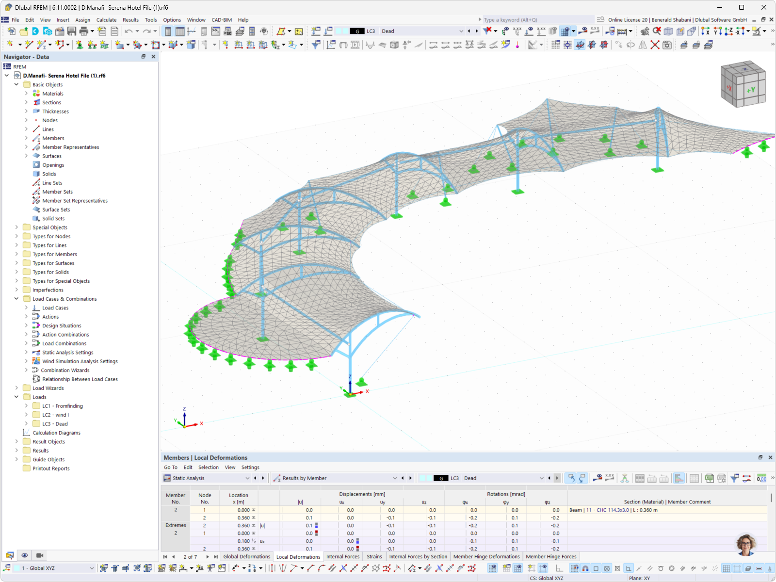 Modèle détaillé d’une toiture en acier-membrane visualisé dans le logiciel de calcul de structure. Exemple de modélisation de structure complexe.