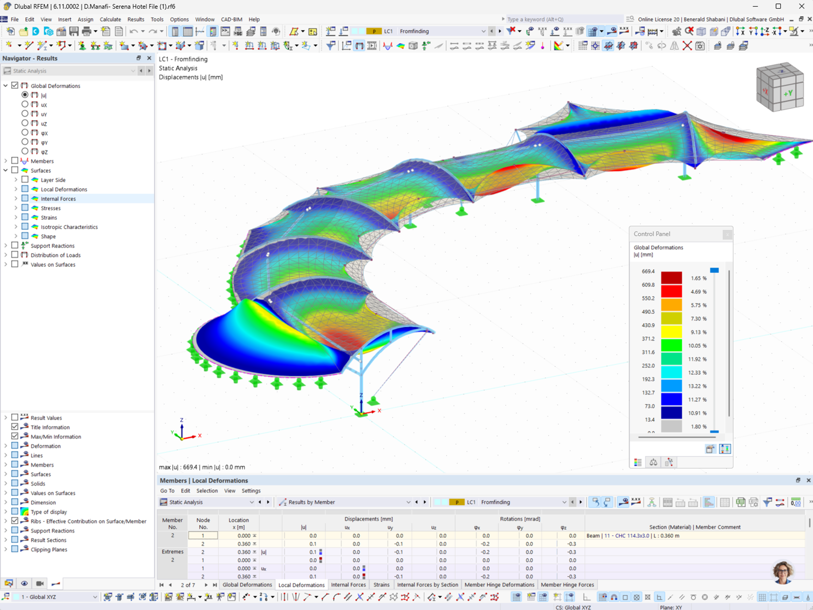 Déformation d'une toiture à membrane dans un logiciel de simulation pour les structures d’ingénierie.