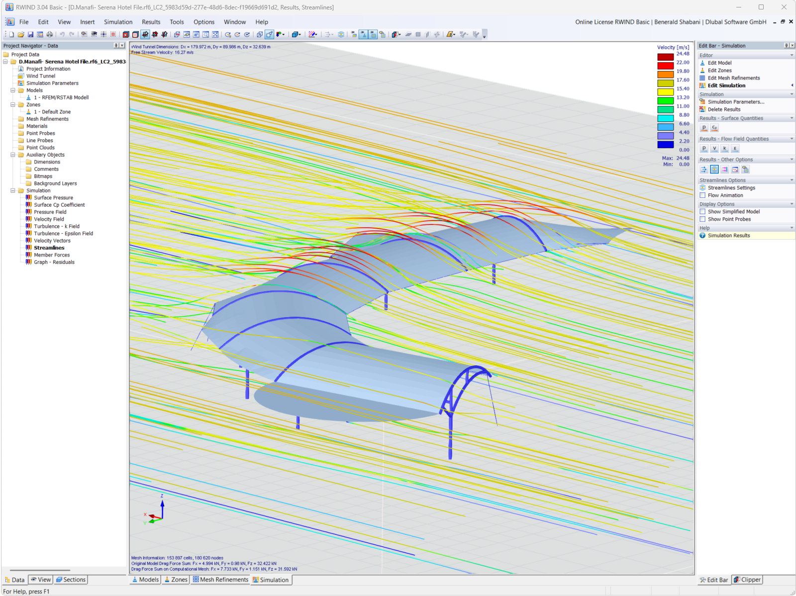 Visualisation des charges de vent sur une structure à membrane, représentée dans une analyse CFD.