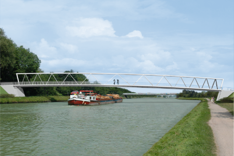 Passerelle piétonne moderne traversant le canal Dortmund-Ems à Münster, harmonieusement intégrée au paysage urbain.