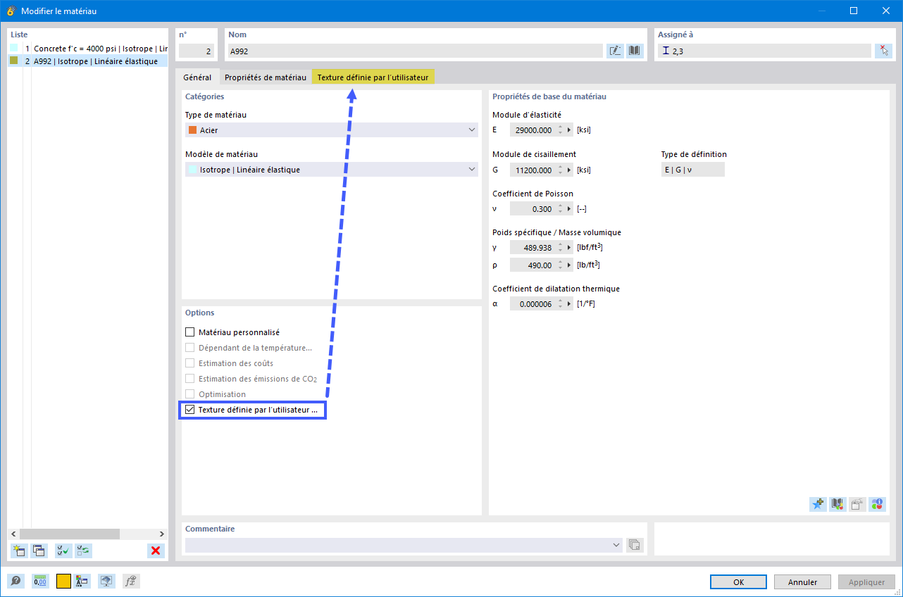 Option de matériau pour texture définie par l’utilisateur