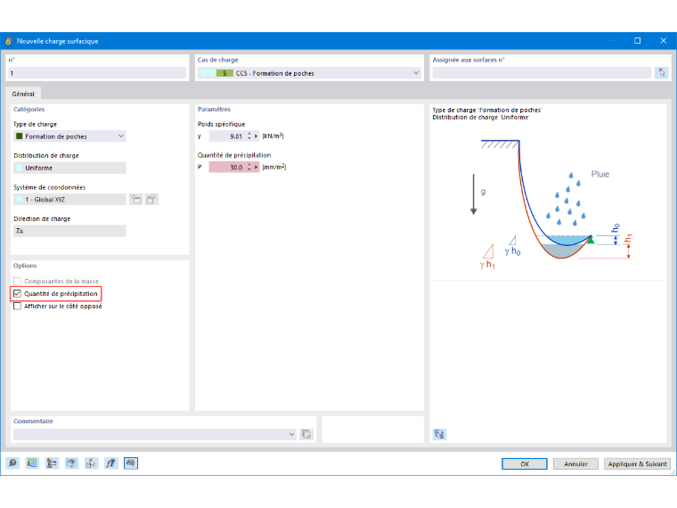 La boîte de dialogue RFEM 6 permet aux ingénieurs de définir les paramètres pour les charges dues à la formation de poches d’eau, essentielles pour modéliser avec précision les scénarios liés aux précipitations.