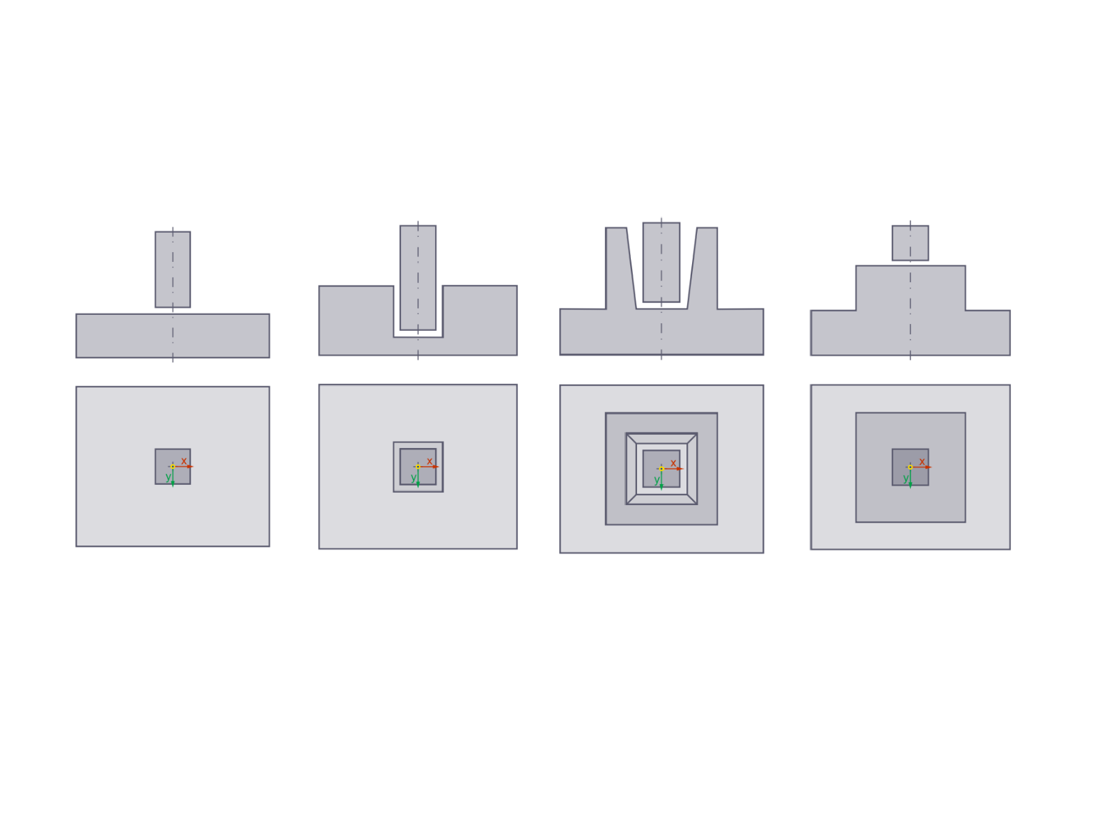 Illustration de types de fondations en béton : Fondation en plaque, bloc, seau et en gradins.