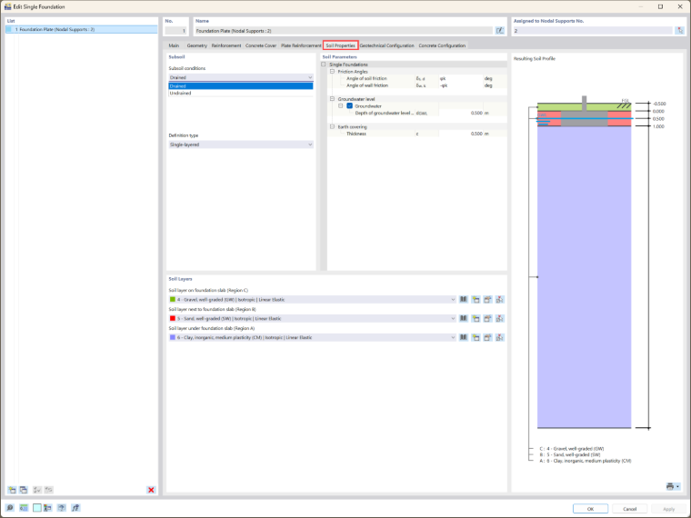 Affichage du processus d’attribution de propriétés de sol pour une fondation à l’aide du module complémentaire Fondations en béton.
