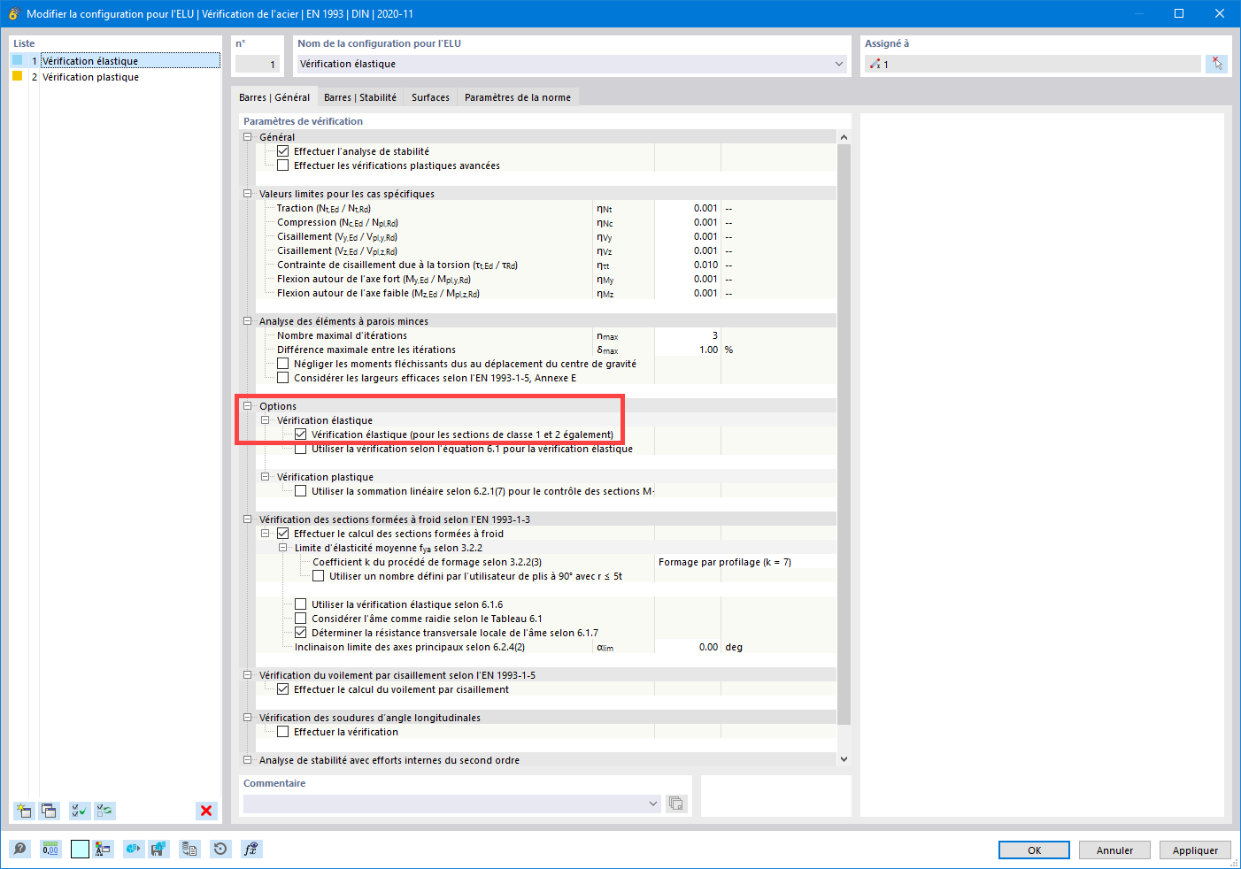 Paramètre de la configuration pour l’ELU avec calcul élastique