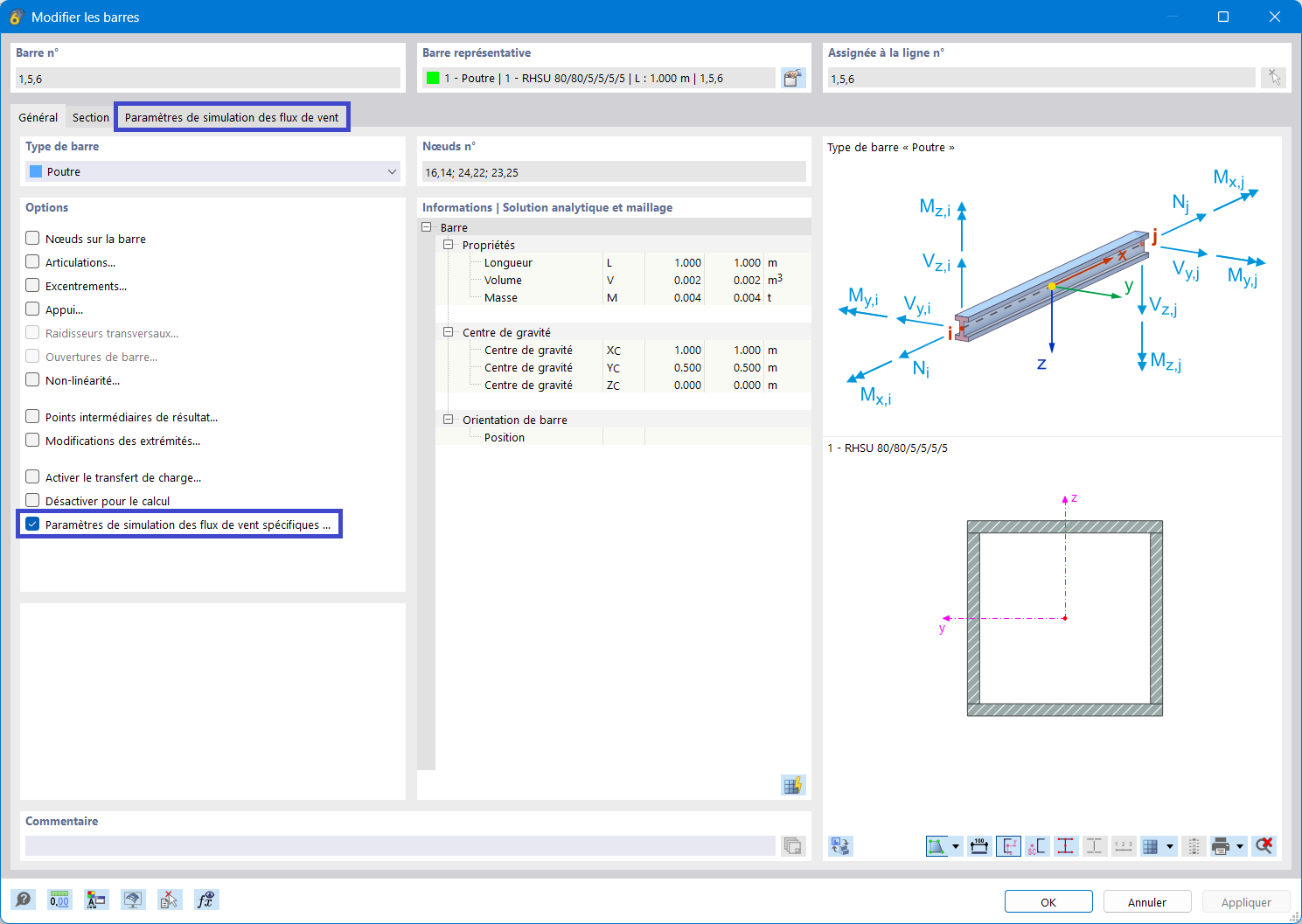 Option de réglages spécifiques de simulation des flux pour le modèle method 1 dans la boîte de dialogue Modifier la barre