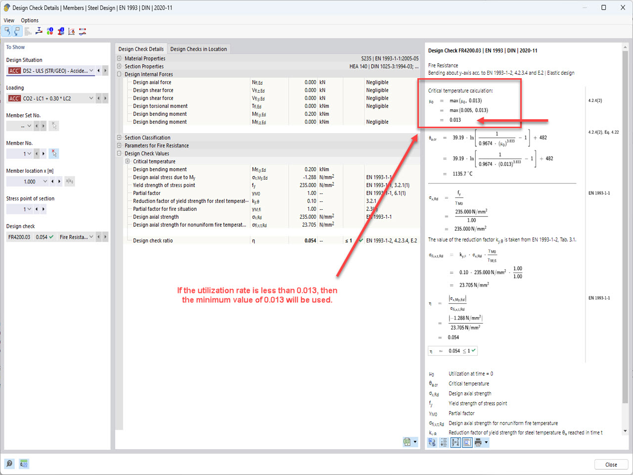 L’image montre la vérification de la valeur minimale du ratio dans RFEM 6 - module complémentaire Vérification de l’acier, configuration de résistance au feu pour la température critique de l’élément.