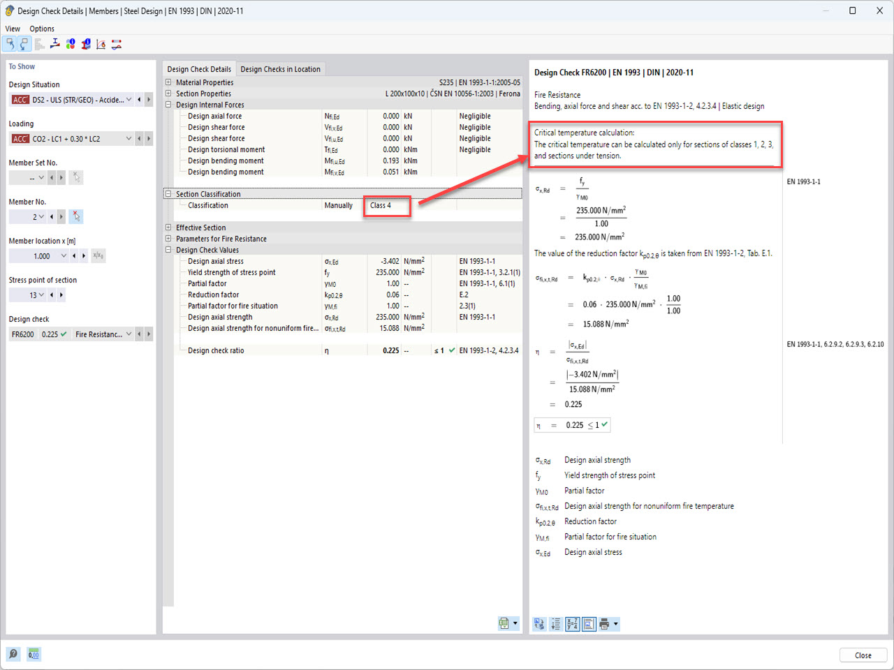 Image montrant la vérification de la classe de section avant le calcul de la température critique du composant dans RFEM 6 - Module complémentaire Vérification de l’acier, configuration de protection incendie.