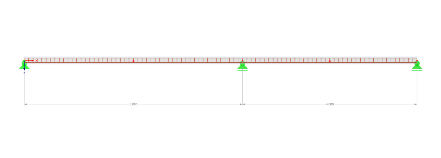 Système structurel avec une poutre à deux travées, portée de la travée 1 : 5 m, travée 2 : 4 m.