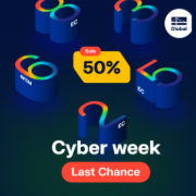 Image promotionnelle mettant en avant les dernières offres de la Cyber Week. Graphiques lumineuses et captivantes utilisées pour transmettre un sentiment d'urgence.