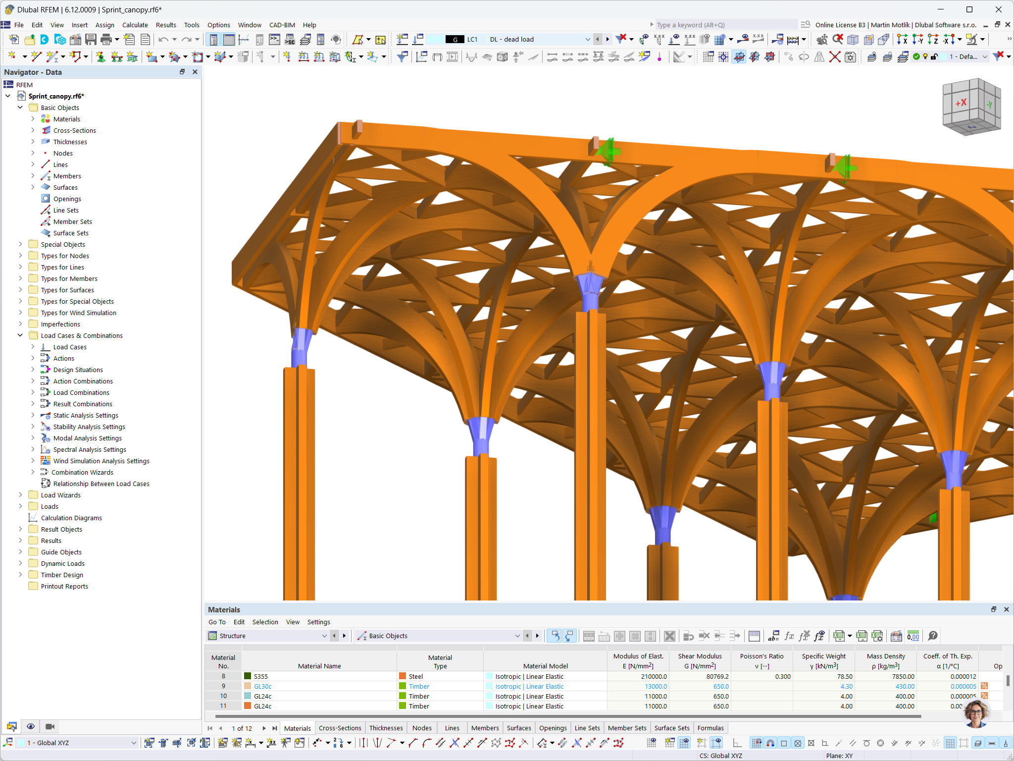 Modèle RFEM montrant les appuis des poteaux d’une structure en bois conçue par Ergodomus pour la Sprint Canopy à Singapour.
