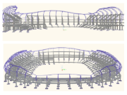 Vue détaillée du modèle du stade entier avec une structure complexe créé dans RFEM, montrant les géométries et les assemblages.