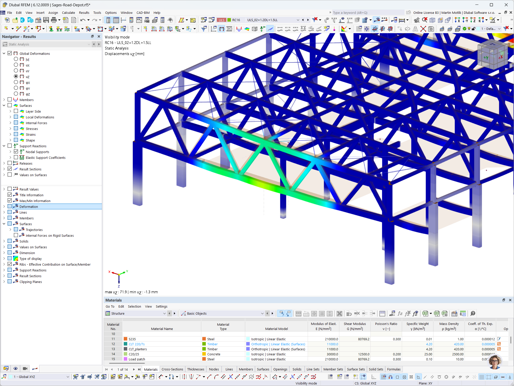 Modèle de calcul de structure du Sage Road Depot montrant la déformation globale dans l’axe Z, développé par Ergodomus.